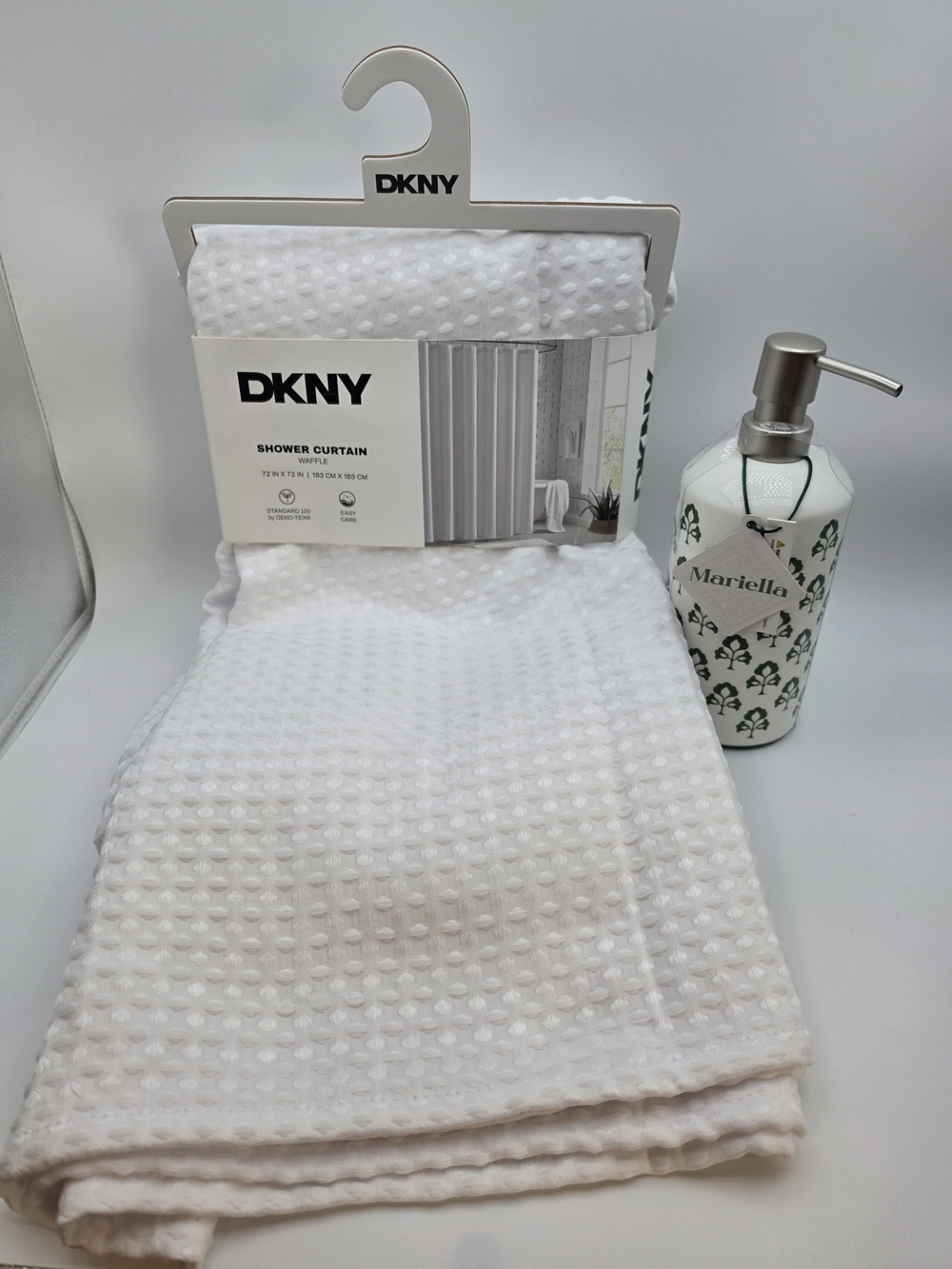 DKNY Luxury Waffle Shower Curtain & Mariella Ceramic Soap Dispenser Set